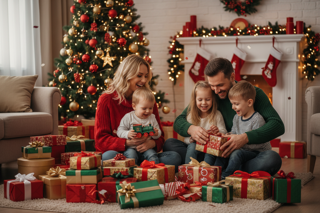 make it a family with 1 mom, 1 dad, 3 kids 